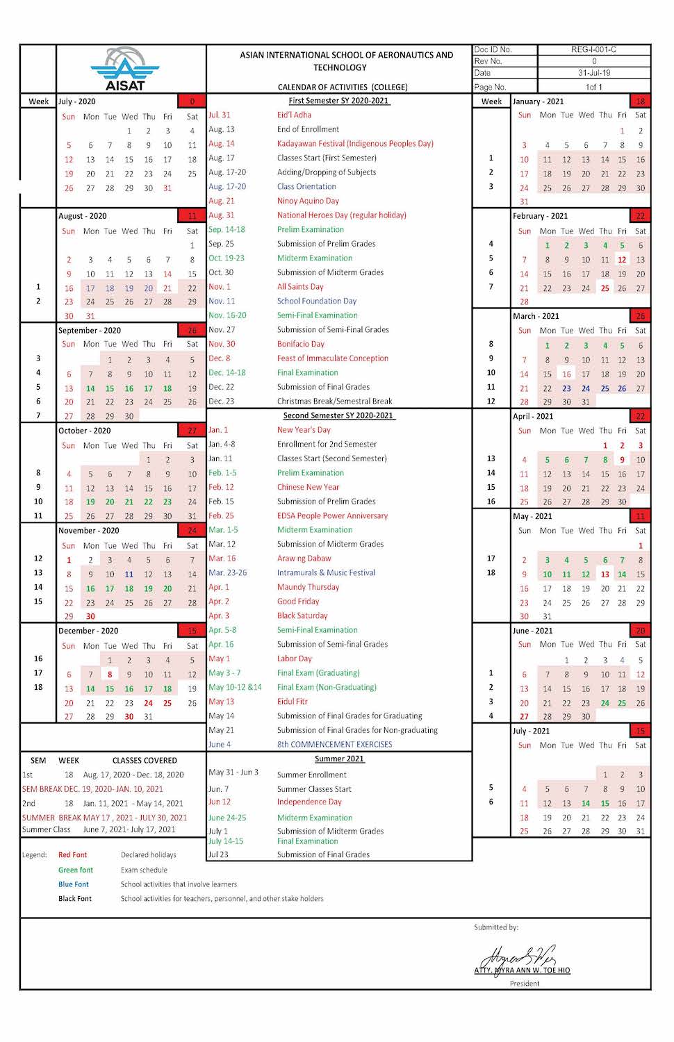 School Calendar AISAT