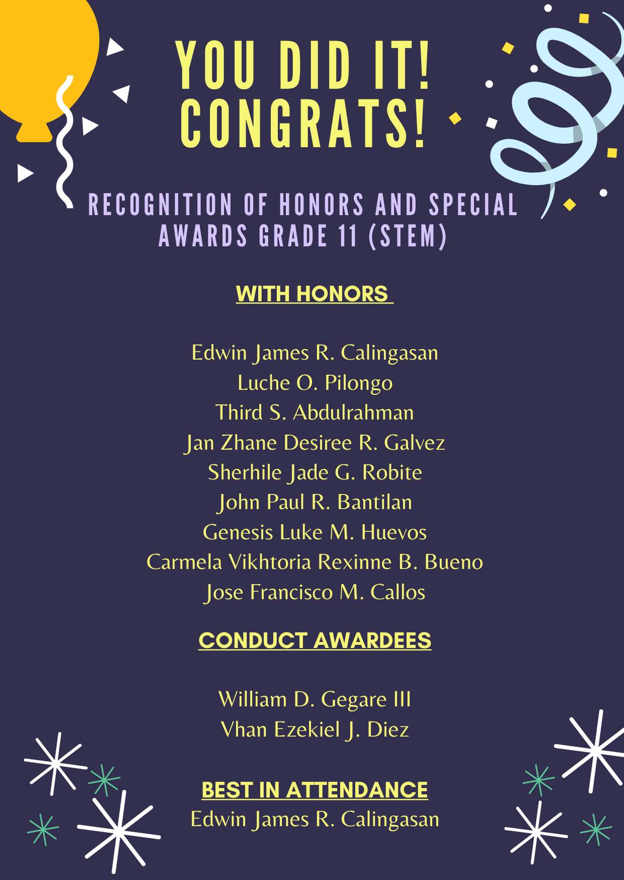 Recognition of Honors and Special Awards Grade 11 (STEM)